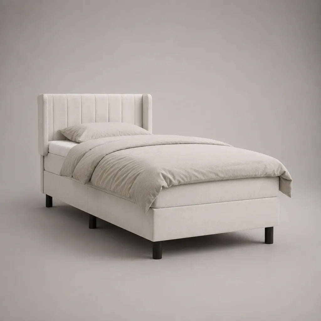 Lit simple rembourré 90 × 190 cm en polyester crème avec tête de lit à panneaux verticaux
