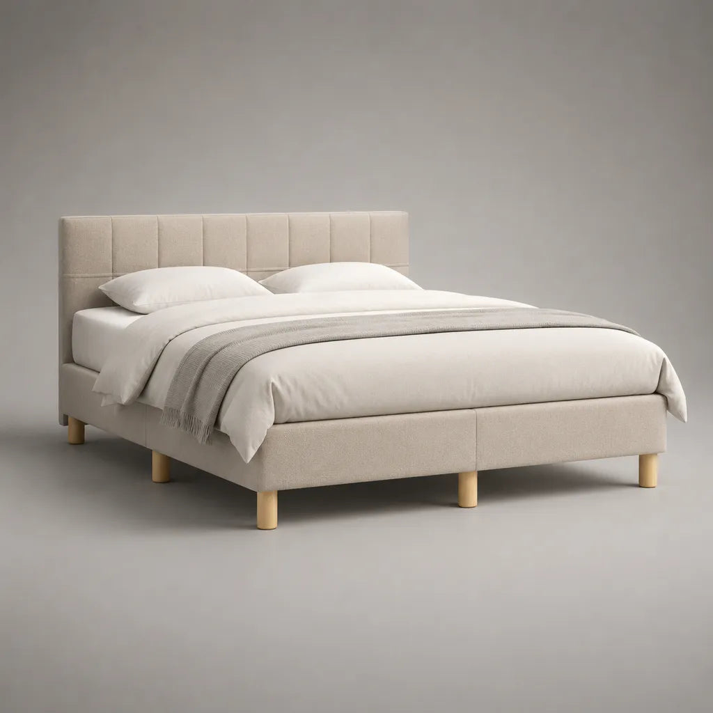 Lit double rembourré en tissu beige avec tête de lit rectangulaire, couchage 160 × 200 cm, dimensions 215 × 170 × 110 cm