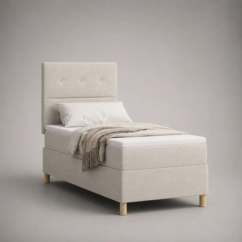 Lit simple rembourré beige 90 × 190 cm avec cadre en bois, sommier à lattes, matelas et tête de lit