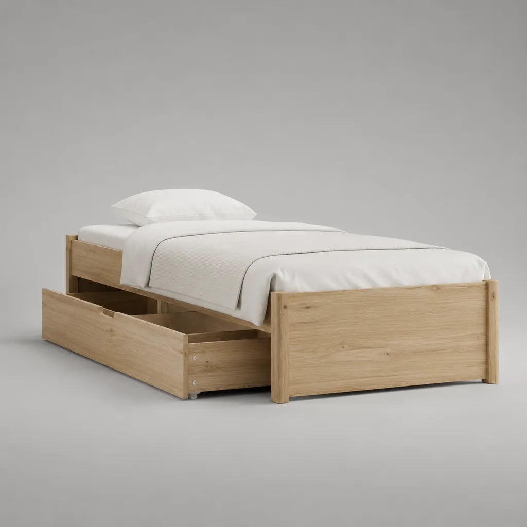 Lit simple en pin massif avec tiroir de rangement, couchage 90 × 190 cm, dimensions 198 × 98 × 65 cm, bois naturel