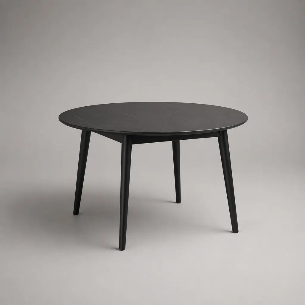 Table à manger ronde 4 places en MDF et hévéa massif noir effet pierre, Ø 110 × H 75 cm