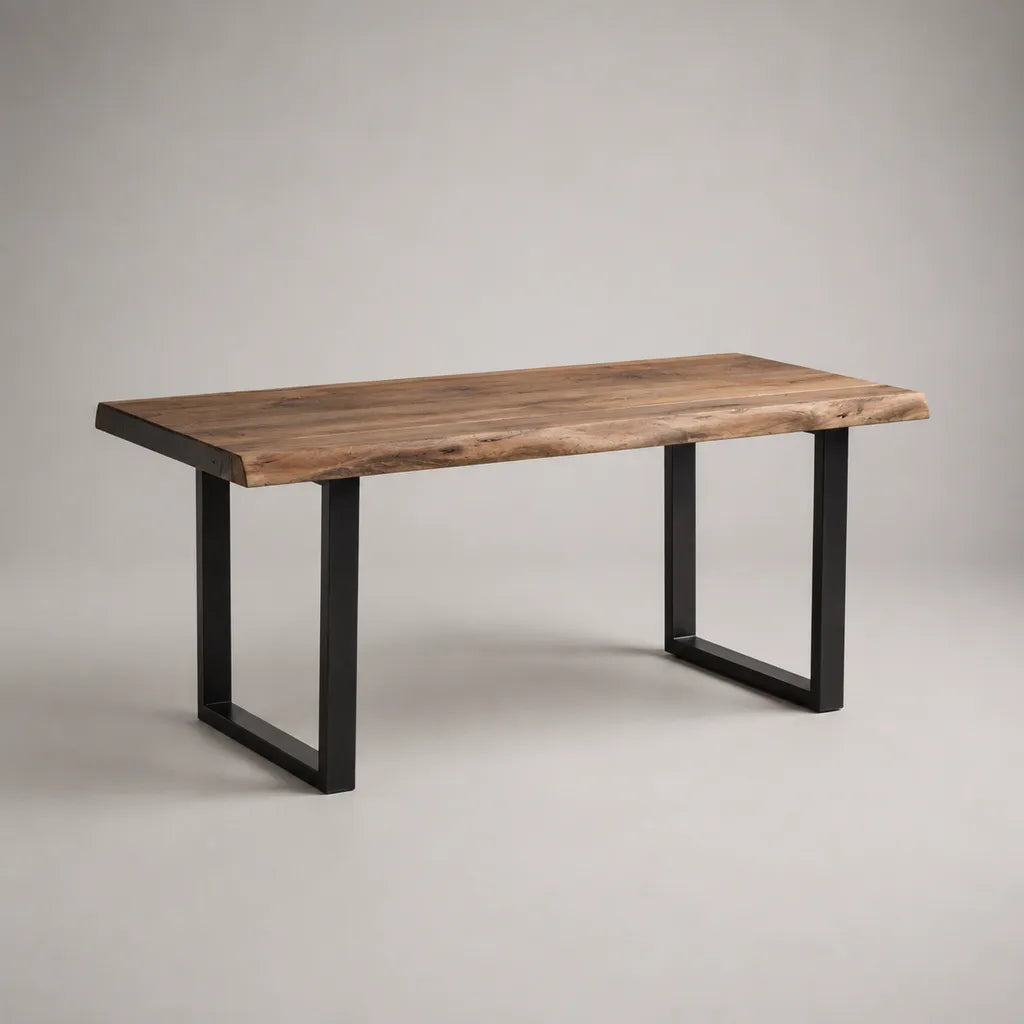 Table à manger rectangulaire en bois massif et acier, marron naturel et noir, 160 × 80 × 76 cm