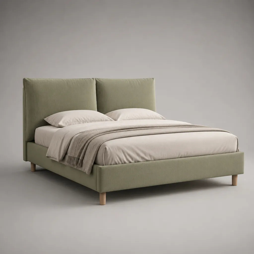 Lit double rembourré en polyester vert sauge avec tête de lit, couchage 160 × 200 cm
