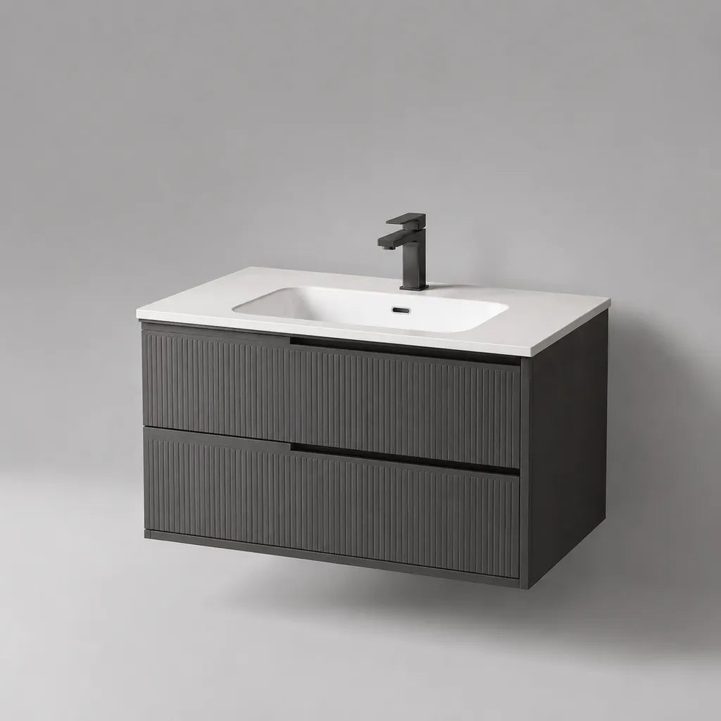 Ensemble meuble sous-vasque suspendu en MDF avec vasque en céramique, 2 tiroirs, anthracite et blanc, 80 × 46 × 55 cm