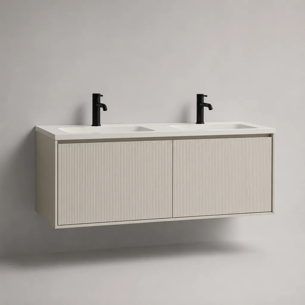 Meuble sous-vasque suspendu double vasque en MDF et composite minéral, grège, blanc cassé et blanc, 120 × 46 × 50 cm