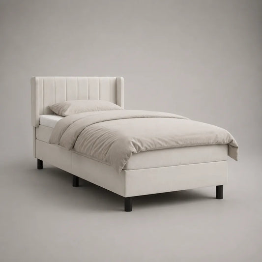 Lit simple rembourré 90 × 190 cm en polyester crème avec tête de lit à panneaux verticaux