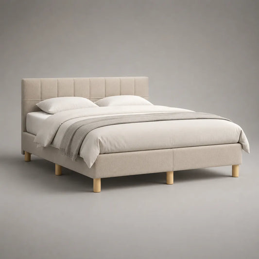 Lit double rembourré en tissu beige avec tête de lit rectangulaire, couchage 160 × 200 cm, dimensions 215 × 170 × 110 cm