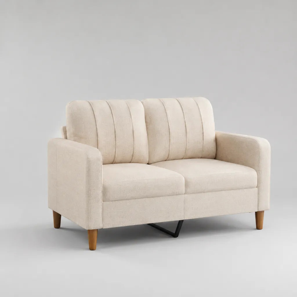 Canapé convertible 2 places en polyester tissé et bois massif, crème, 145 × 84 × 86 cm, couchage 120 × 190 cm