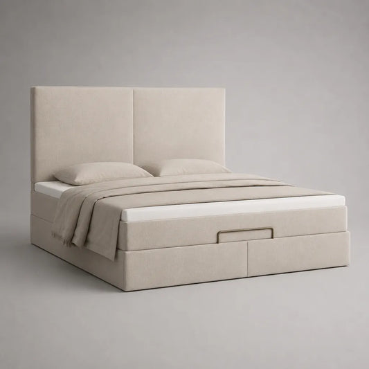 Lit coffre double rembourré en tissu beige 160 × 200 cm avec sommier relevable et tête de lit haute