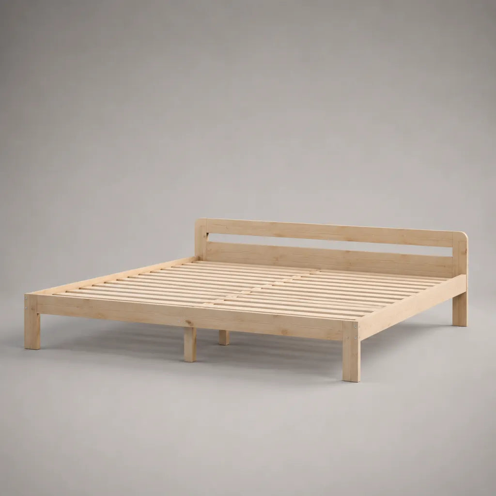 Cadre de lit double en bois naturel avec sommier à lattes, couchage 180 × 200 cm, dimensions 208 × 188 × 75 cm