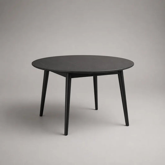 Table à manger ronde 4 places en MDF et hévéa massif noir effet pierre, Ø 110 × H 75 cm