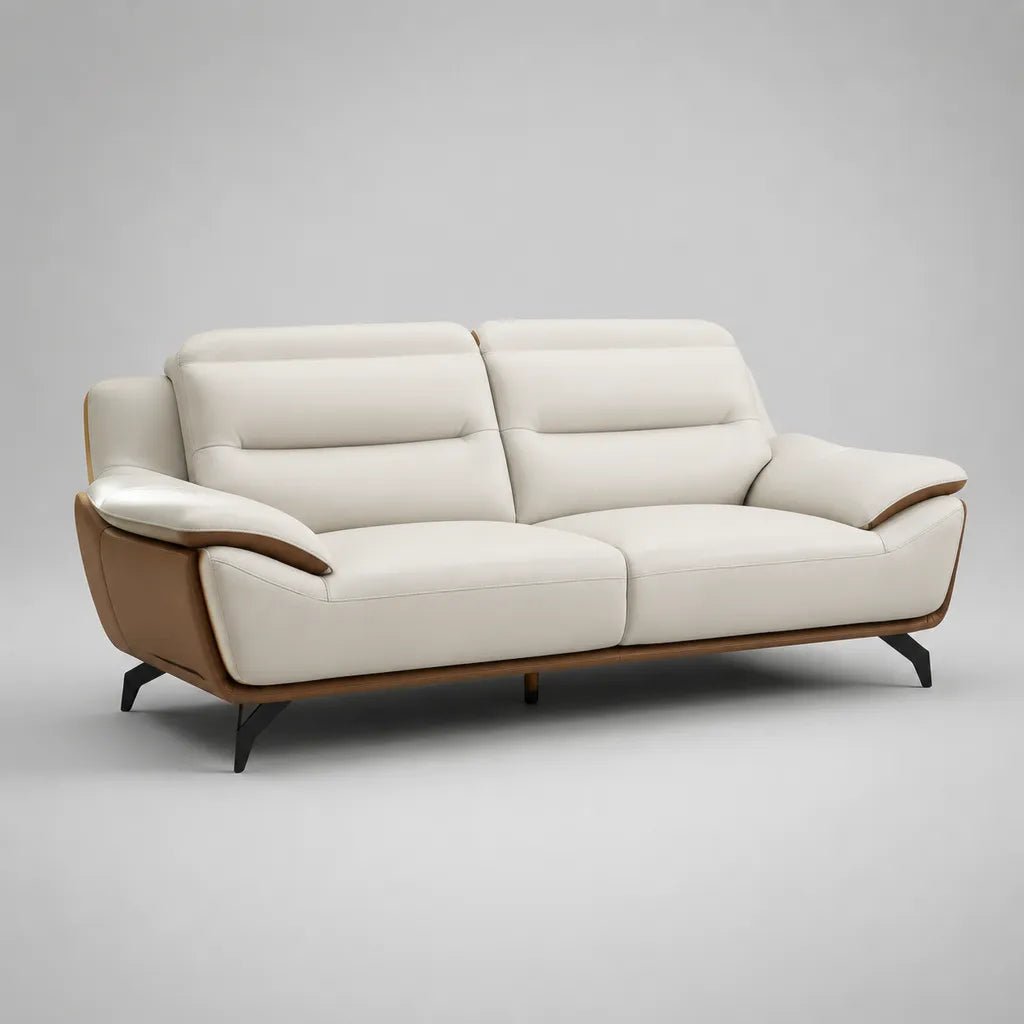 Canapé droit 3 places en similicuir PU blanc cassé et camel, 210 × 95 × 92 cm