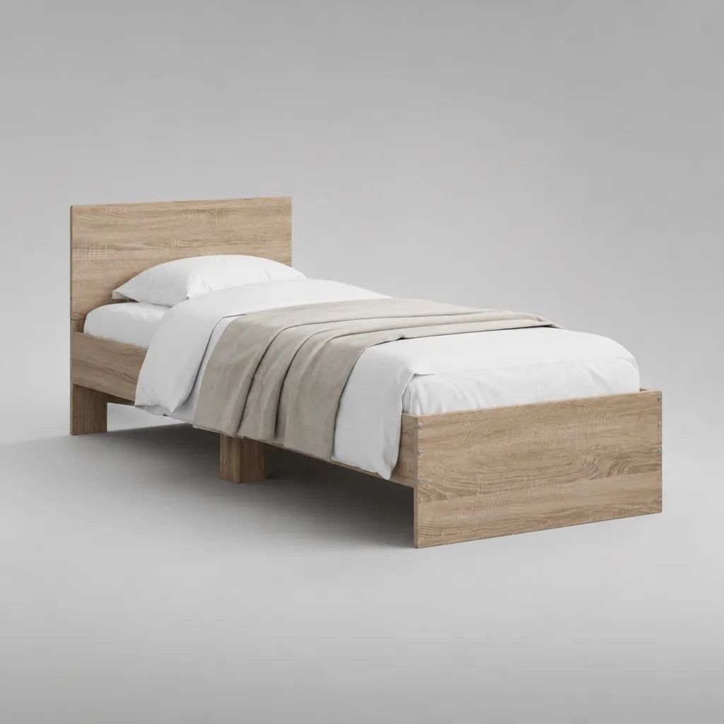 Lit simple en bois 90 × 190 cm avec sommier à lattes, dimensions 198 × 96 × 80 cm, chêne clair