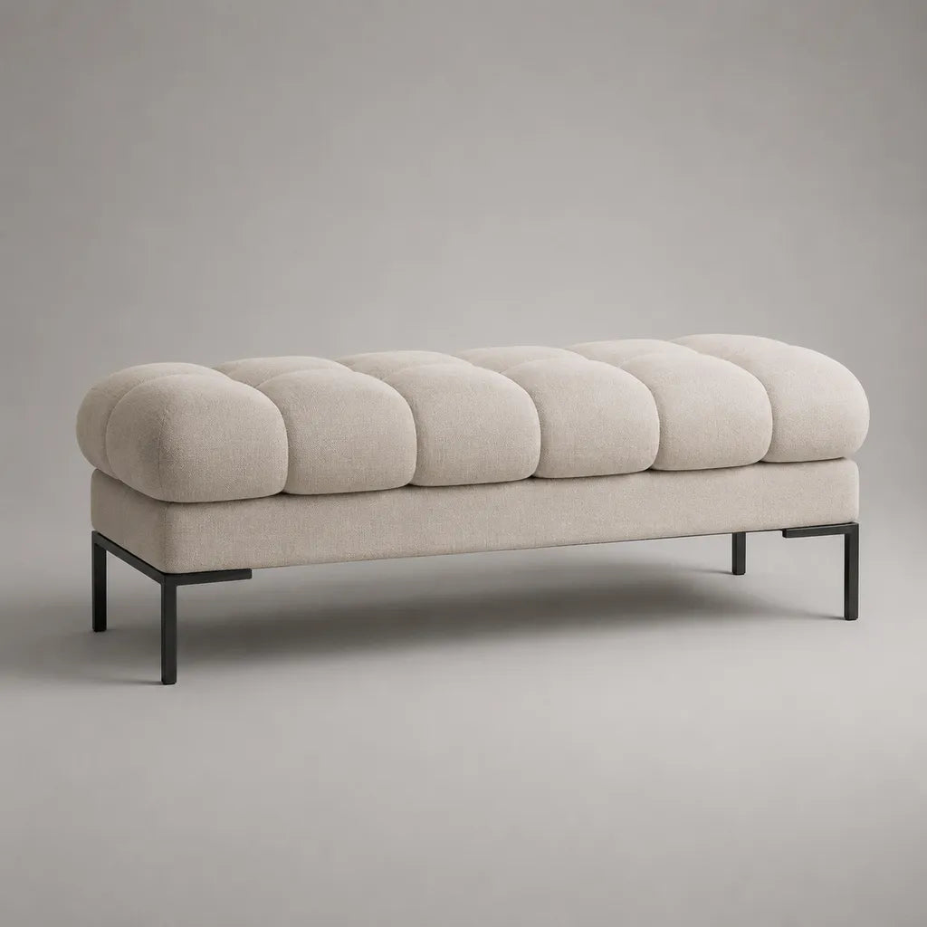 Banc de bout de lit capitonné en polyester bouclé et acier, beige clair et noir, 120 × 45 × 48 cm