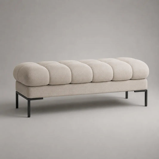 Banc de bout de lit capitonné en polyester bouclé et acier, beige clair et noir, 120 × 45 × 48 cm