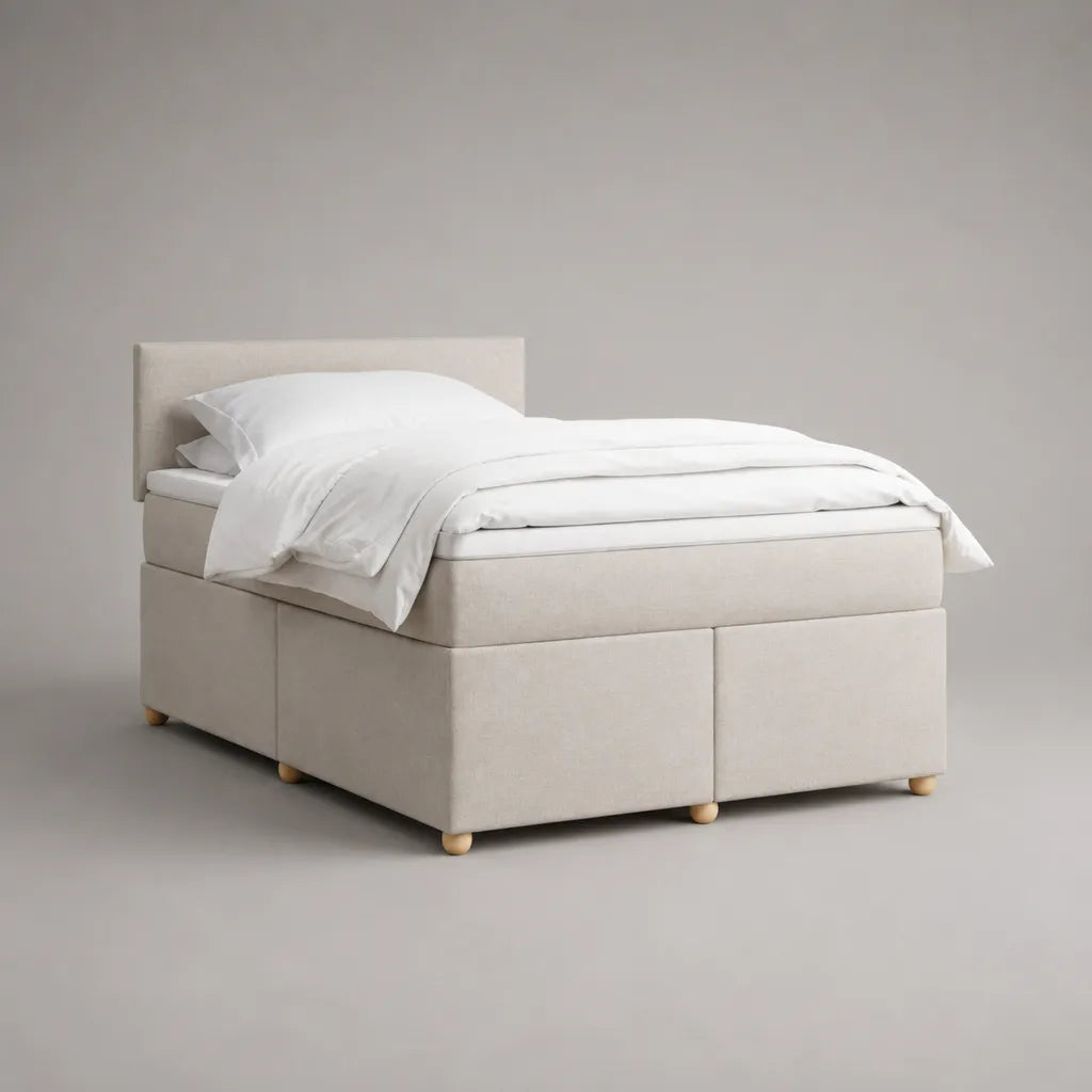 Ensemble lit continental 2 places en tissu beige avec matelas et surmatelas, couchage 140 x 200 cm