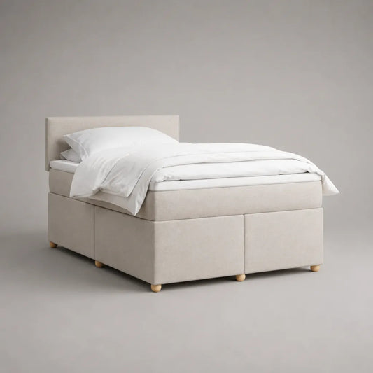 Ensemble lit continental 2 places en tissu beige avec matelas et surmatelas, couchage 140 x 200 cm