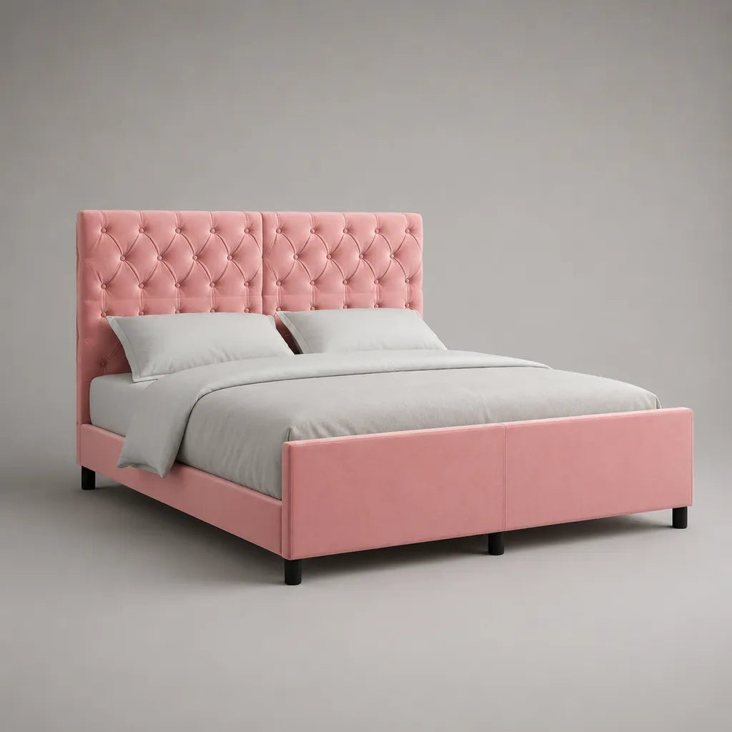 Lit double rembourré en velours polyester rose, couchage 160 × 200 cm, dimensions 214 × 171 × 112 cm, tête de lit capitonnée