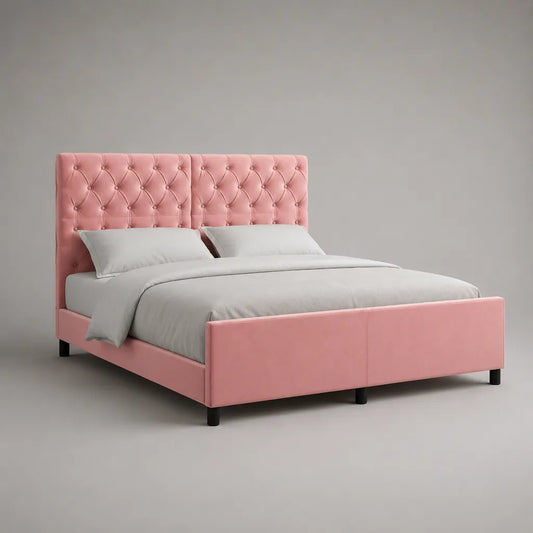 Lit double rembourré en velours polyester rose, couchage 160 × 200 cm, dimensions 214 × 171 × 112 cm, tête de lit capitonnée