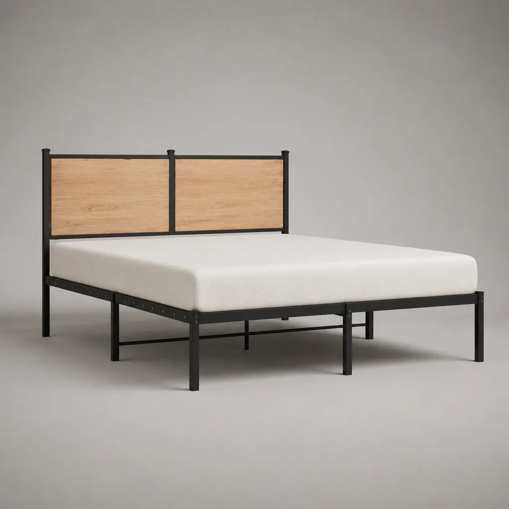 Cadre de lit double 160 × 200 cm en acier et panneaux de particules, noir et chêne naturel