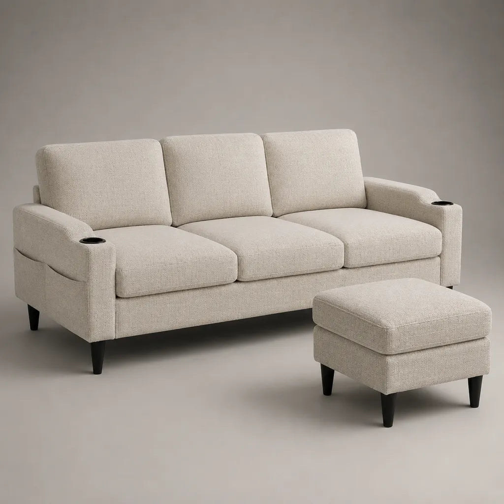 Ensemble canapé 3 places en tissu beige avec pouf repose-pieds et 2 porte-gobelets, canapé 210 × 87 × 88 cm, pouf 62 × 52 × 44 cm