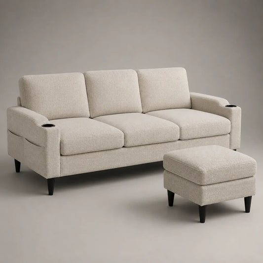Ensemble canapé 3 places en tissu beige avec pouf repose-pieds et 2 porte-gobelets, canapé 210 × 87 × 88 cm, pouf 62 × 52 × 44 cm