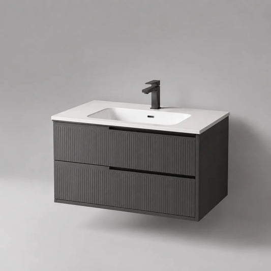 Ensemble meuble sous-vasque suspendu en MDF avec vasque en céramique, 2 tiroirs, anthracite et blanc, 80 × 46 × 55 cm
