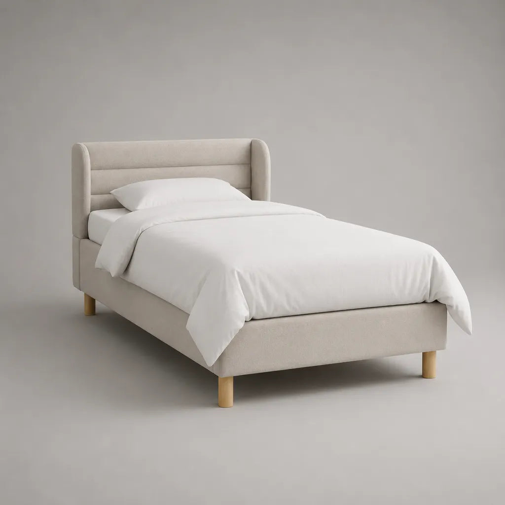 Lit simple rembourré 90 × 190 cm en bois et tissu beige, tête de lit à oreilles, dimensions 204 × 105 × 105 cm
