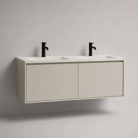 Meuble sous-vasque suspendu double vasque en MDF et composite minéral, grège, blanc cassé et blanc, 120 × 46 × 50 cm