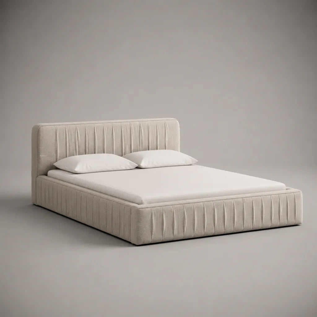 Lit double rembourré rectangulaire en velours polyester beige et noir, 220 x 178 x 112 cm, couchage 160 x 200 cm, tête de lit plissée