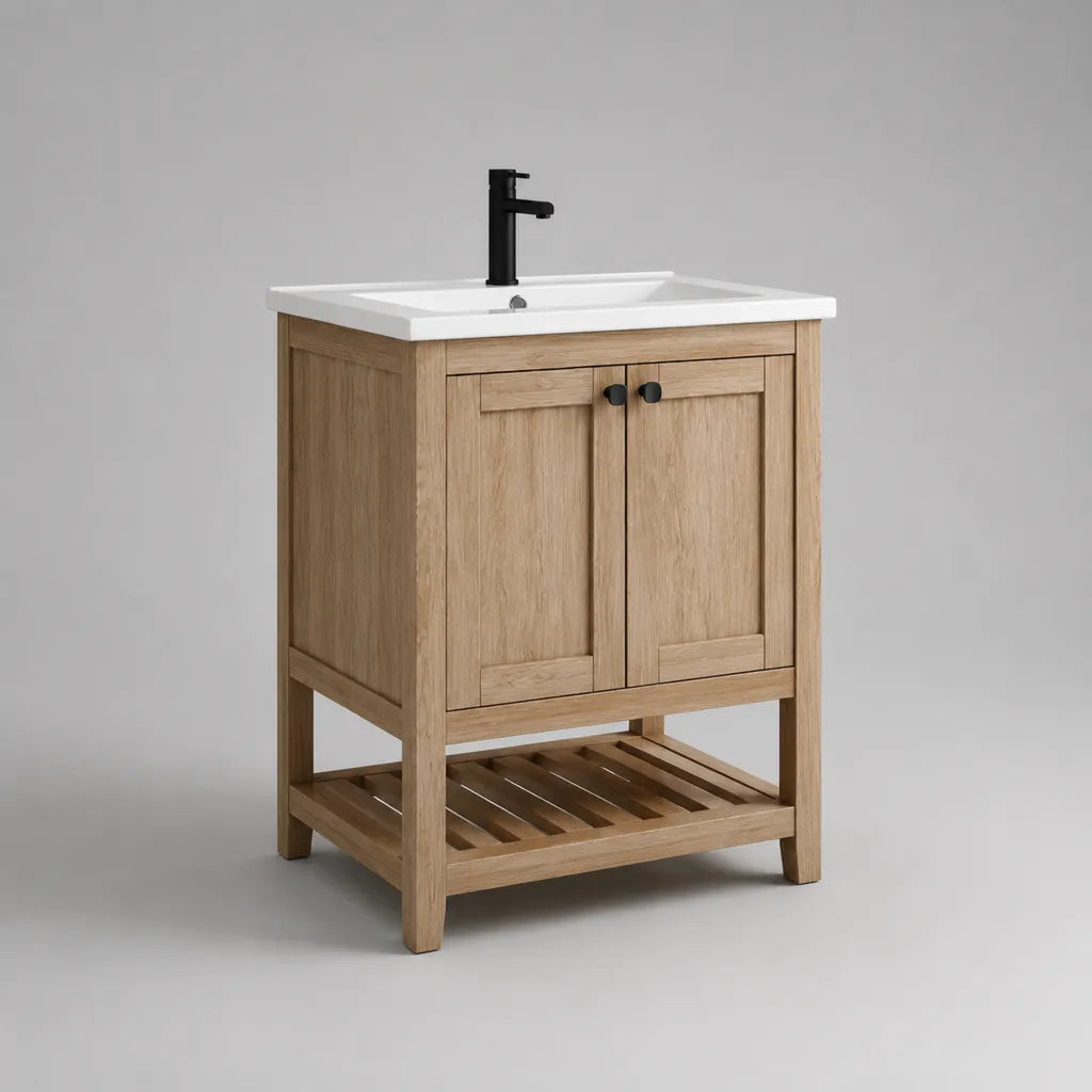 Meuble sous-vasque de salle de bain sur pied en MDF plaqué chêne avec vasque rectangulaire en céramique, chêne naturel, blanc et noir, 61 × 46 × 86 cm