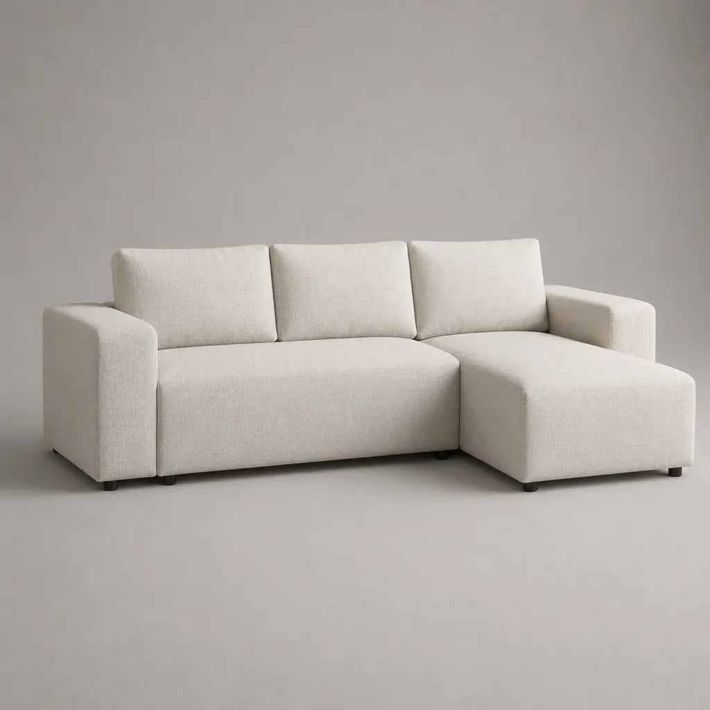 Canapé d’angle 3 places avec méridienne droite en polyester bouclé écru, 224 × 145 × 85 cm