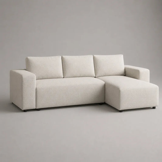 Canapé d’angle 3 places avec méridienne droite en polyester bouclé écru, 224 × 145 × 85 cm