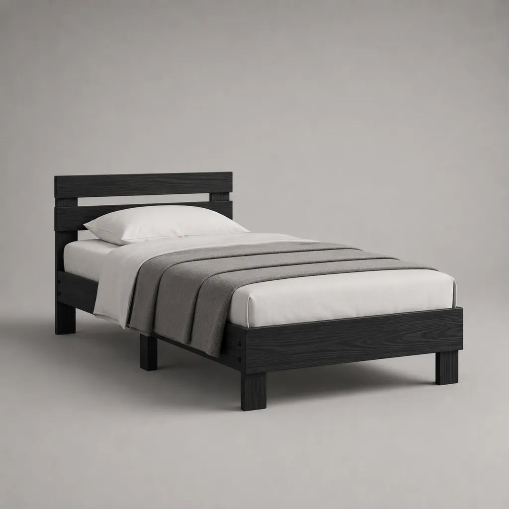 Lit simple 90 x 190 cm en pin massif noir avec tête de lit à lattes