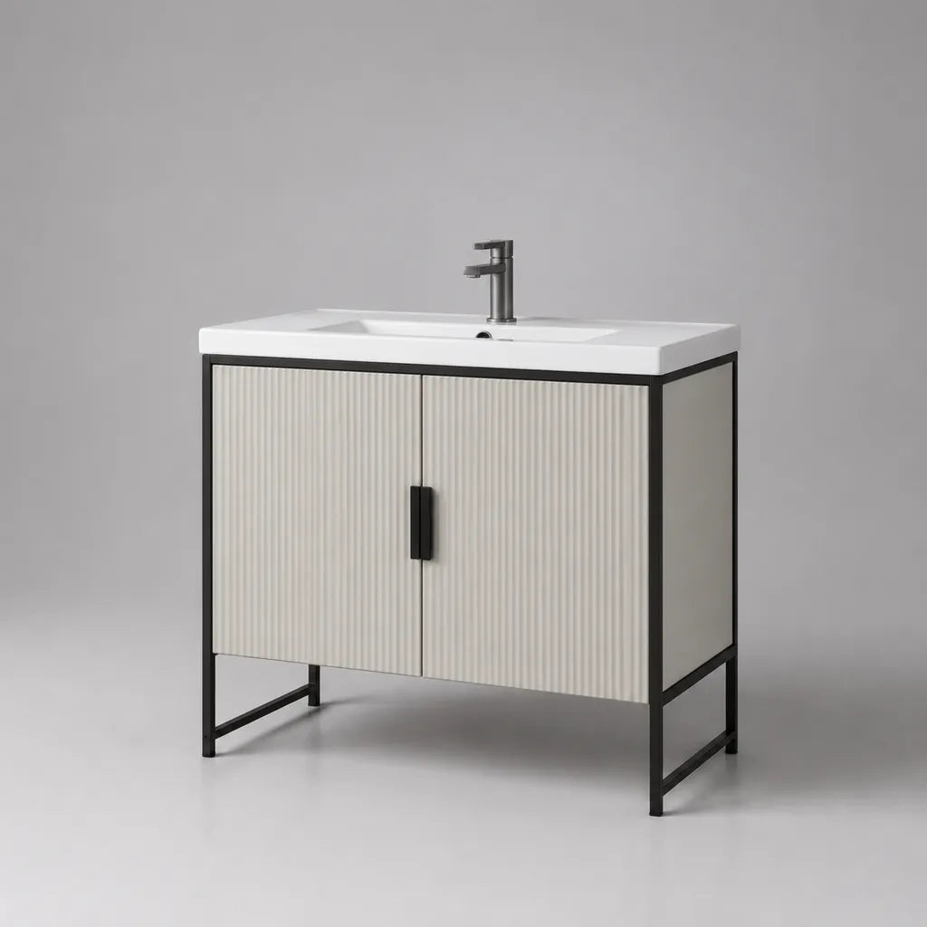 Ensemble meuble sous-vasque avec lavabo en céramique, MDF rainuré et acier, blanc et noir, 80 × 46 × 85 cm