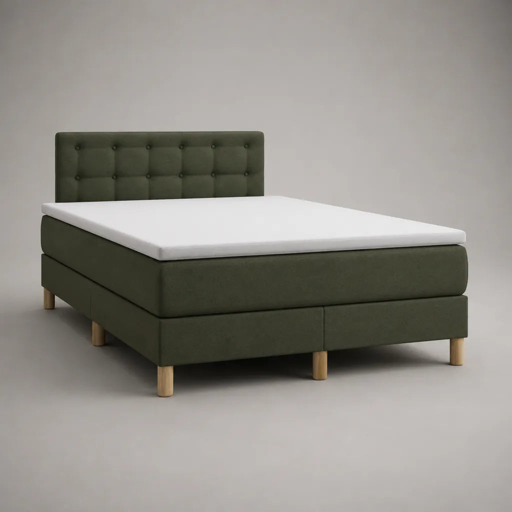 Lit double en bois et tissu vert olive avec matelas, surmatelas et tête de lit capitonnée, couchage 160 x 200 cm