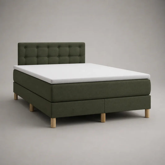 Lit double en bois et tissu vert olive avec matelas, surmatelas et tête de lit capitonnée, couchage 160 x 200 cm