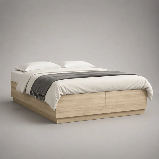 Lit double avec rangement 160 × 200 cm en panneaux de particules mélaminés, chêne clair, sans tête de lit