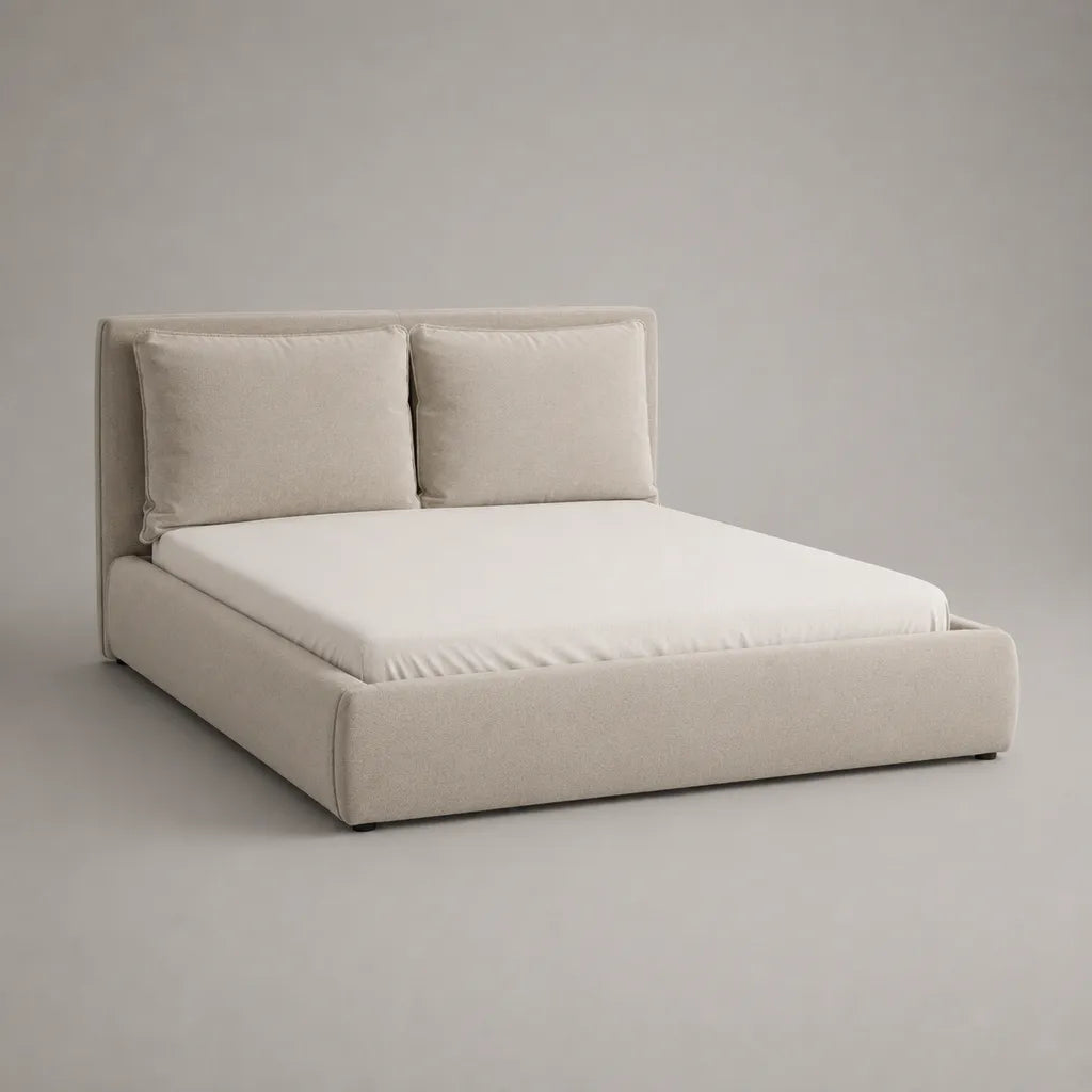 Lit double rembourré 160 x 200 cm en polyester texturé beige avec tête de lit et deux coussins